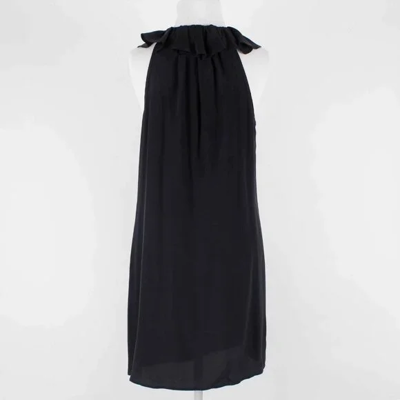Fifteen Twenty Sz L Black Ruffle Neck Button Front 100% Silk Dress - Picture 2 of 5